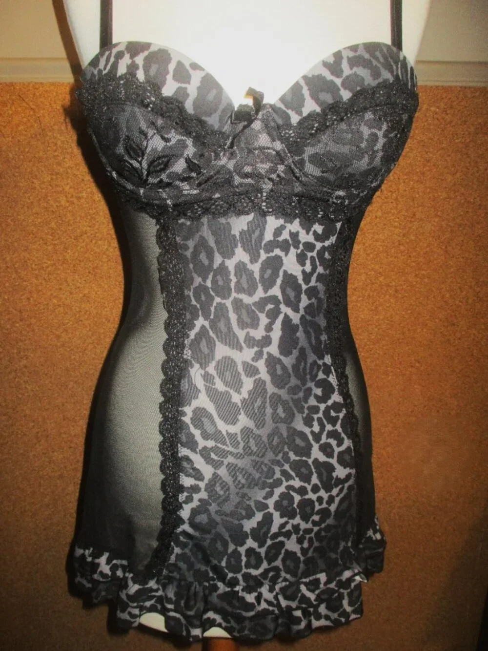 Leopard Print Babydoll Teddy Semi Sheer Stretch Mesh with Thong (2 PC SET)